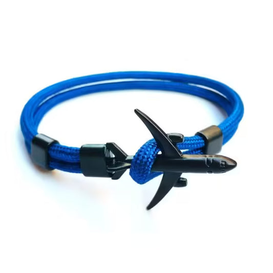 Bracelet unisexe en corde noire avec ancre d'avion (EGBT349)