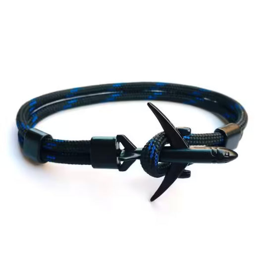 Bracelet unisexe en corde noire avec ancre d'avion (EGBT349)