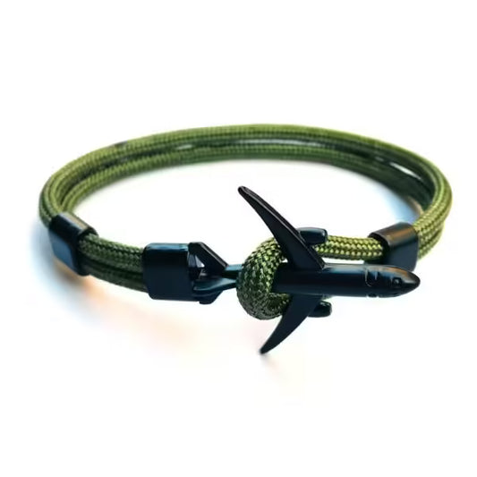 Bracelet unisexe en corde noire avec ancre d'avion (EGBT349)