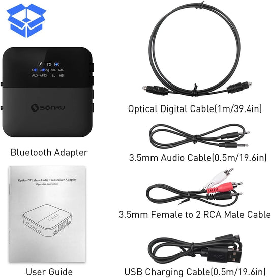 SONRU Bluetooth 5.0 Transmitter & Receiver | 2-in-1 Wireless Bluetooth Audio Adapter for TV, PC, Car, Home Stereo & Speakers