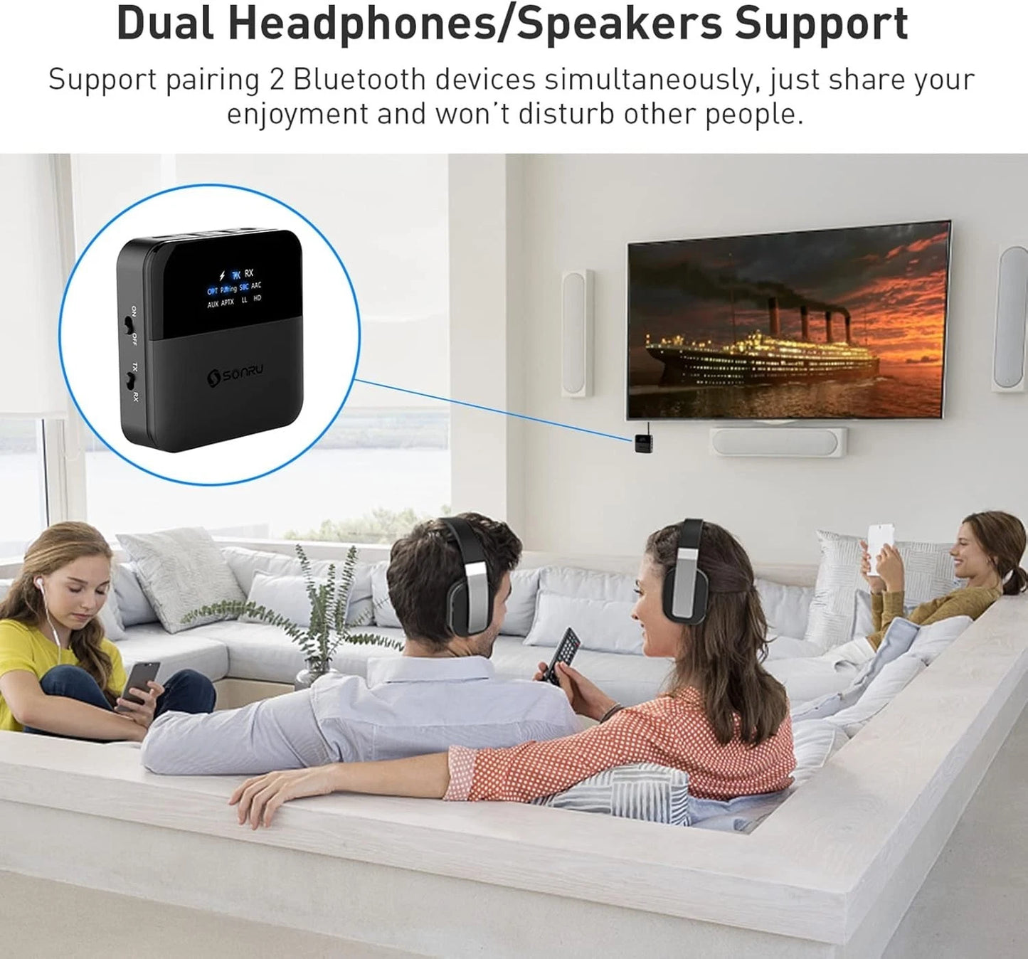 SONRU Bluetooth 5.0 Transmitter & Receiver | 2-in-1 Wireless Bluetooth Audio Adapter for TV, PC, Car, Home Stereo & Speakers