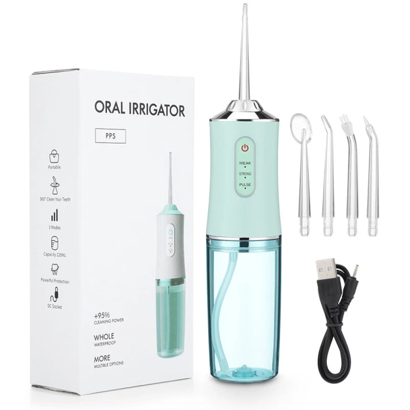 Portable Smart Electric Water Flosser – Rechargeable Oral Irrigator with 3 Deep-Clean Modes & 4 Interchangeable Jet Tips – IPX7 Waterproof Dental Water Jet Teeth Cleaner (White / Pink / Green)
