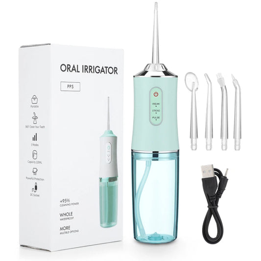 Portable Smart Electric Water Flosser – Rechargeable Oral Irrigator with 3 Deep-Clean Modes & 4 Interchangeable Jet Tips – IPX7 Waterproof Dental Water Jet Teeth Cleaner (White / Pink / Green)