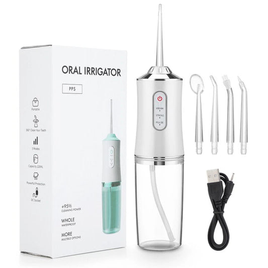 Portable Smart Electric Water Flosser – Rechargeable Oral Irrigator with 3 Deep-Clean Modes & 4 Interchangeable Jet Tips – IPX7 Waterproof Dental Water Jet Teeth Cleaner (White / Pink / Green)