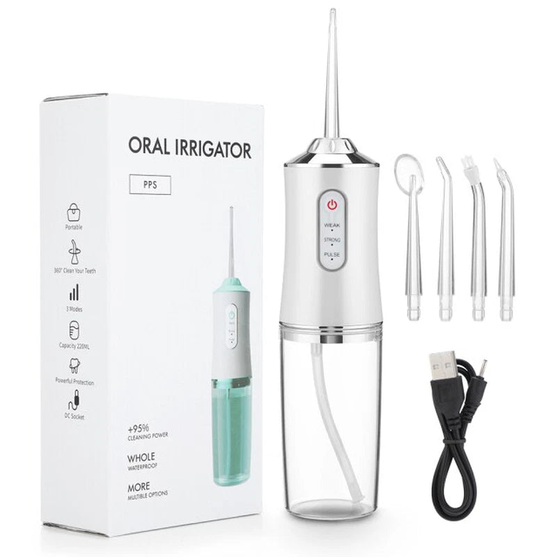 Portable Smart Electric Water Flosser – Rechargeable Oral Irrigator with 3 Deep-Clean Modes & 4 Interchangeable Jet Tips – IPX7 Waterproof Dental Water Jet Teeth Cleaner (White / Pink / Green)