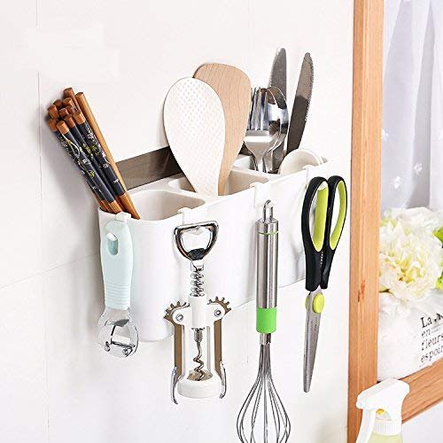 Wall Mounted Kitchen Drain Storage Rack – 3-Compartment Sink Organizer with Water Drain Tray & Hooks for Sponges, Cutlery & Cleaning Tools