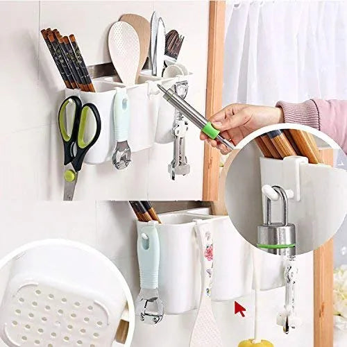 Égouttoir mural de cuisine à 3 compartiments – Organisateur d'évier avec bac de récupération d'eau et crochets pour éponges, couverts et outils de nettoyage