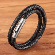 Silver Buckle Double Layer Men Leather Bracelet (EGBT090)