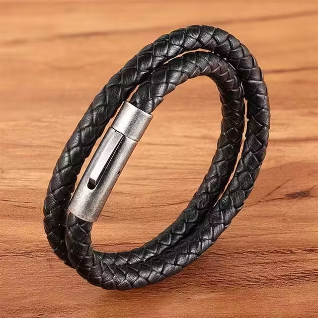 Silver Buckle Double Layer Men Leather Bracelet (EGBT090)