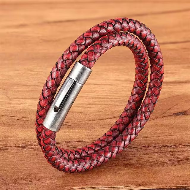 Silver Buckle Double Layer Men Leather Bracelet (EGBT090)
