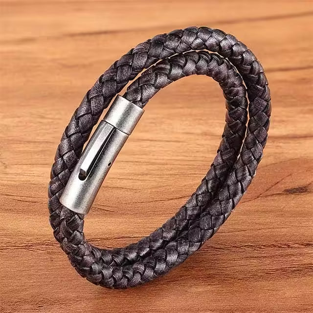 Silver Buckle Double Layer Men Leather Bracelet (EGBT090)