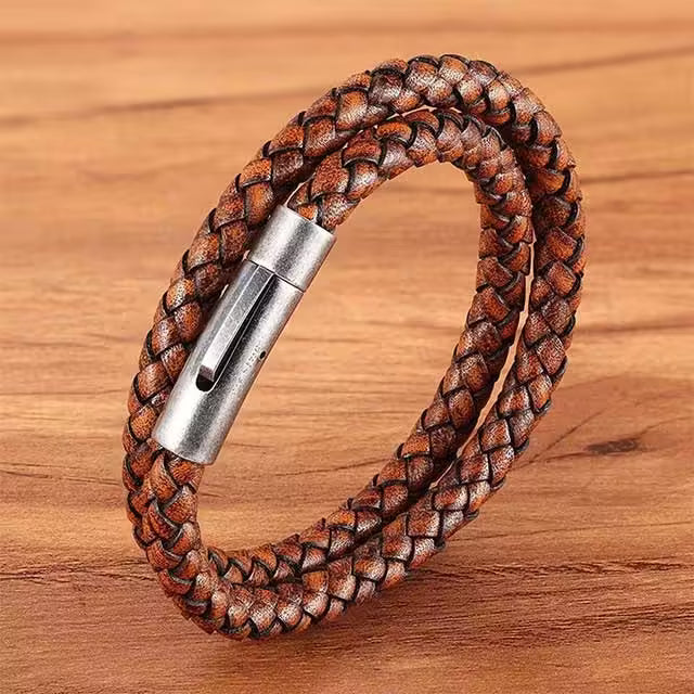 Silver Buckle Double Layer Men Leather Bracelet (EGBT090)