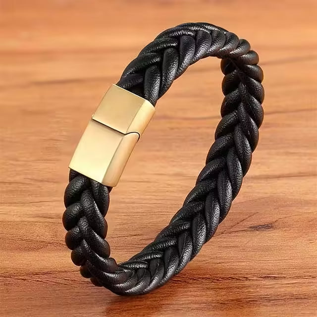 Bracelet en cuir noir simple avec boucle magnétique (EGBT154) 