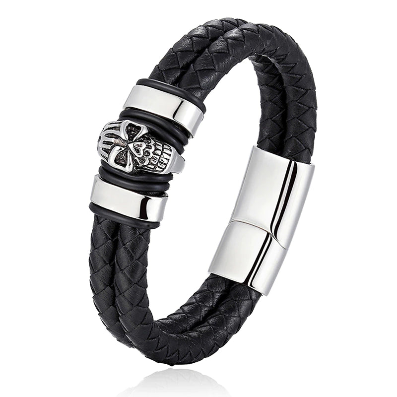Skull Head Black & Silver Leather Men Bracelet (EGBT144)