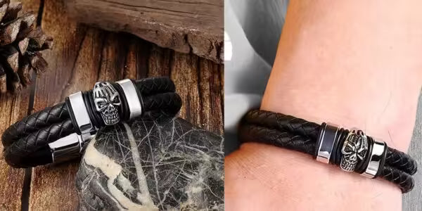 Skull Head Black & Silver Leather Men Bracelet (EGBT144)