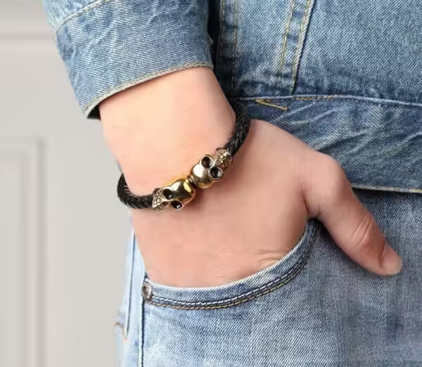 Skull Head Leather Men Bracelet (EGBT118)