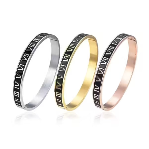 Stainless Steel Metal Roman Numbers 6mm & 8mm Width Bangle (EGBT355)