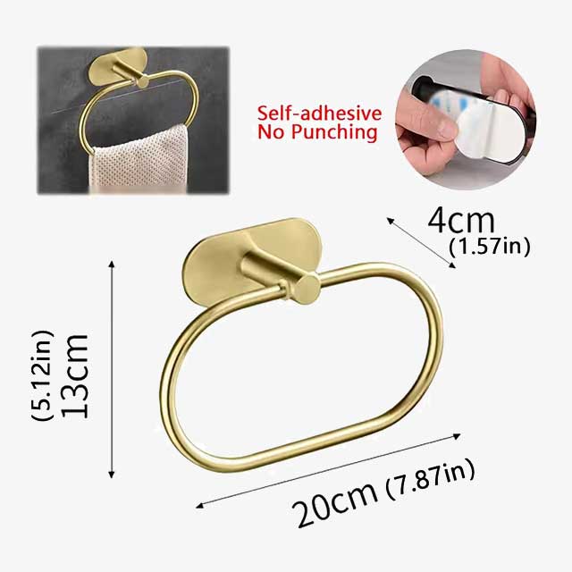 Stainless Steel Towel Holder - Self-Adhesive Bathroom Towel Rack, Black Washhand Hanger Ring Bar for Kitchen & Bathroom Storage