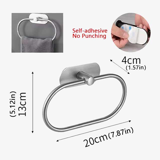Stainless Steel Towel Holder - Self-Adhesive Bathroom Towel Rack, Black Washhand Hanger Ring Bar for Kitchen & Bathroom Storage