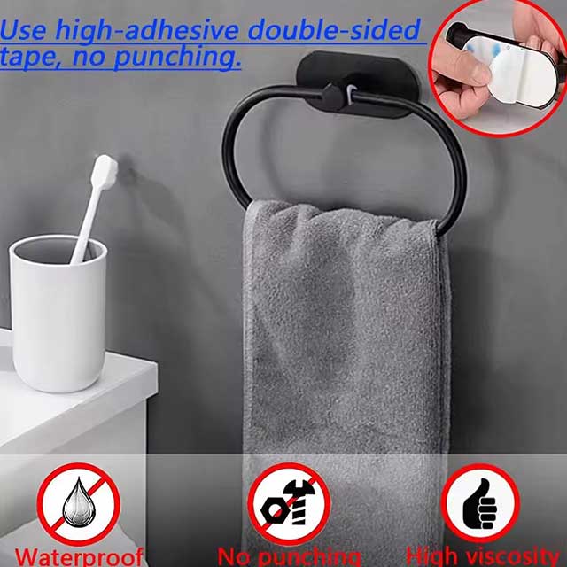 Stainless Steel Towel Holder - Self-Adhesive Bathroom Towel Rack, Black Washhand Hanger Ring Bar for Kitchen & Bathroom Storage