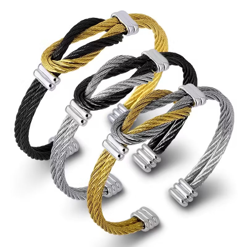 Stainless Steel Twisted Cable Wire Cuff Bracelets (EGBT157)