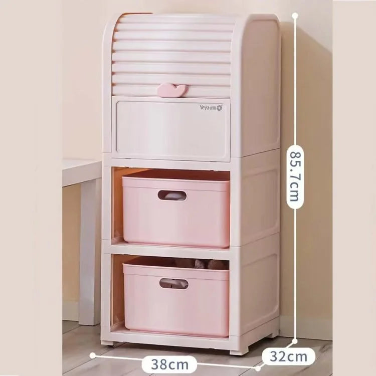 Plastic Storage Cabinet with Drawers & Roll-Top Door – Multi-Layer Household Storage Organizer for Toys, Clothes & Kids' Room