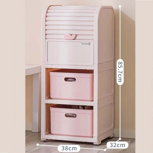 Plastic Storage Cabinet with Drawers & Roll-Top Door – Multi-Layer Household Storage Organizer for Toys, Clothes & Kids' Room