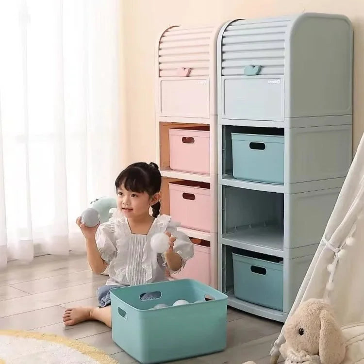 Plastic Storage Cabinet with Drawers & Roll-Top Door – Multi-Layer Household Storage Organizer for Toys, Clothes & Kids' Room