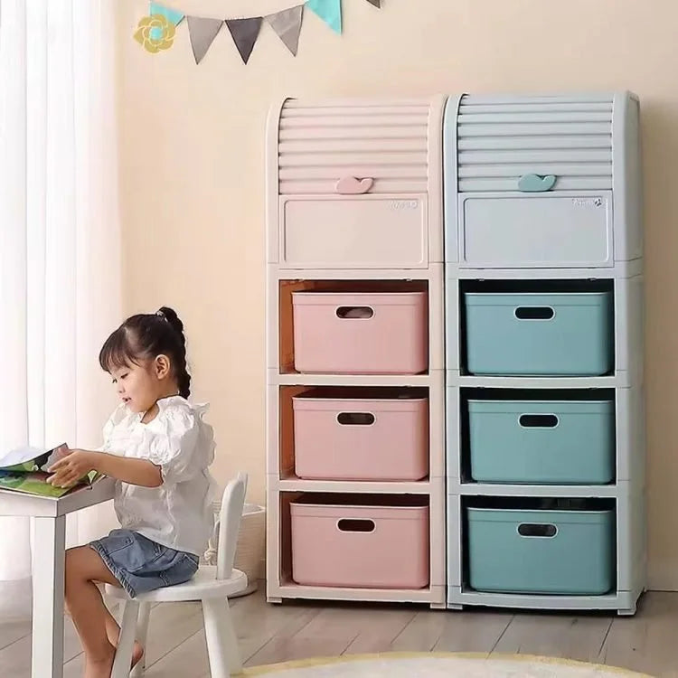 Plastic Storage Cabinet with Drawers & Roll-Top Door – Multi-Layer Household Storage Organizer for Toys, Clothes & Kids' Room