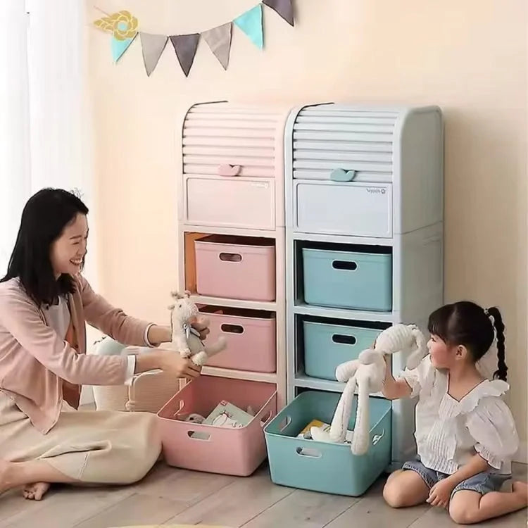 Plastic Storage Cabinet with Drawers & Roll-Top Door – Multi-Layer Household Storage Organizer for Toys, Clothes & Kids' Room