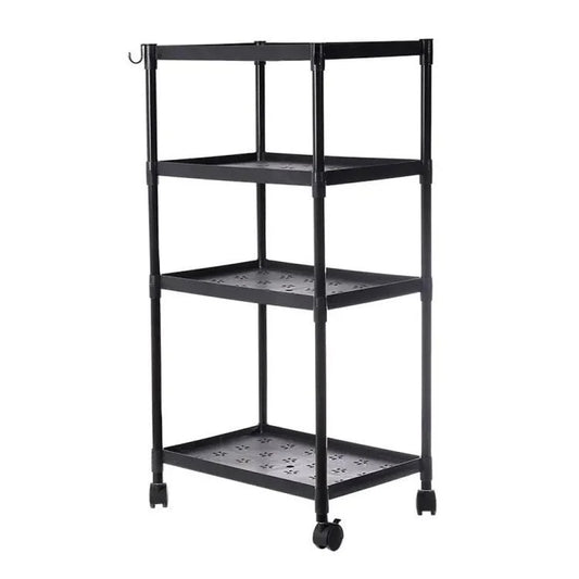 Plastic 4 Tier Storage Shelf with Wheels – Multi-Purpose Rolling Organizer Rack for Kitchen, Bathroom & Laundry