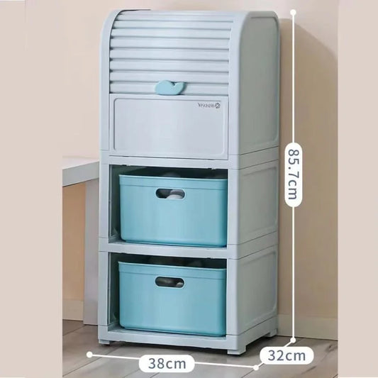 Plastic Storage Cabinet with Drawers & Roll-Top Door – Multi-Layer Household Storage Organizer for Toys, Clothes & Kids' Room