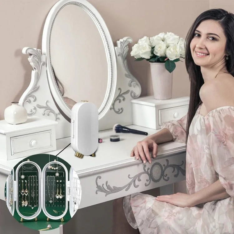 White Foldable Jewelry Organizer with Mirror – Necklace, Earrings, Rings & Bracelet Storage Box, Dustproof Jewelry Display Case