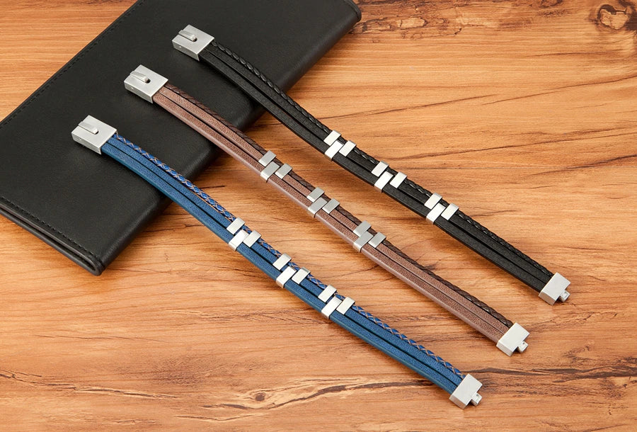 three layer stitching stainless steel mens leather bracelet egbt070 featured img