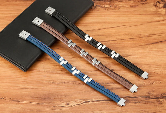 three layer stitching stainless steel mens leather bracelet egbt070 featured img