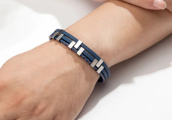 three layer stitching stainless steel mens leather bracelet egbt070 gallery img 2