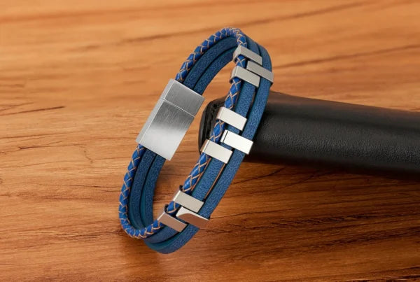 three layer stitching stainless steel mens leather bracelet egbt070 gallery img 3