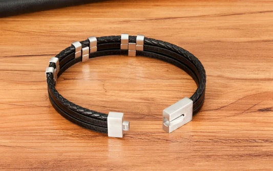 three layer stitching stainless steel mens leather bracelet egbt070 gallery img 5