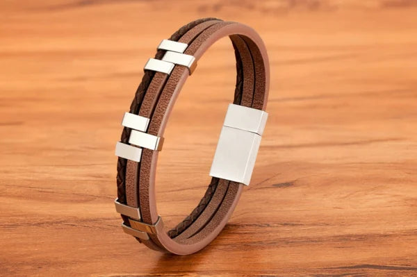 three layer stitching stainless steel mens leather bracelet egbt070 gallery img 6