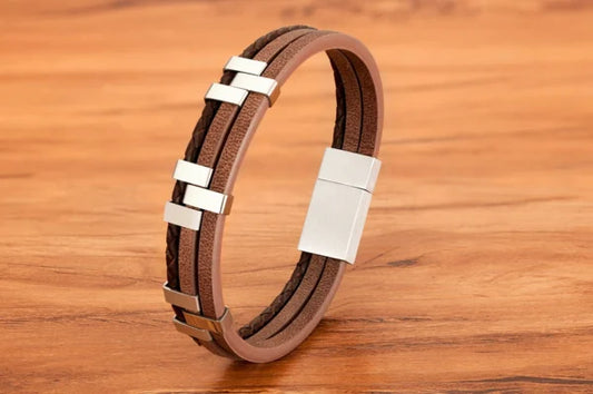 three layer stitching stainless steel mens leather bracelet egbt070 gallery img 6