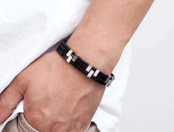 three layer stitching stainless steel mens leather bracelet egbt070 gallery img 7