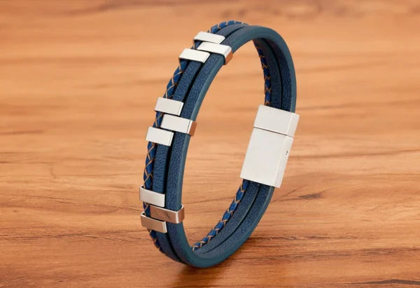 three layer stitching stainless steel mens leather bracelet egbt070 gallery img 8