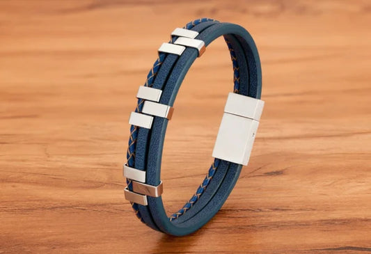 three layer stitching stainless steel mens leather bracelet egbt070 gallery img 8