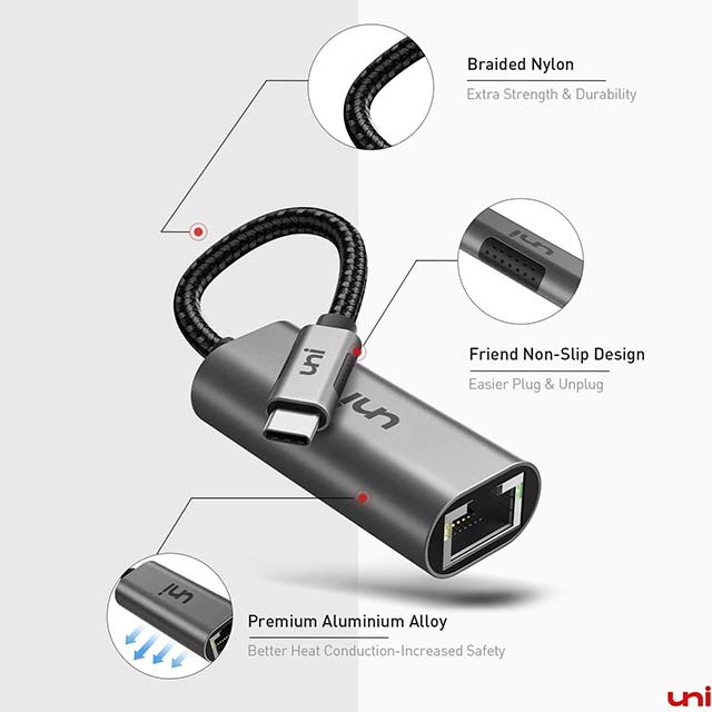 uni USB C to Ethernet Adapter – Driver Free RJ45 to USB C [Thunderbolt 3/4 Compatible] – 1Gbps Type-C Gigabit Ethernet LAN Network Adapter for MacBook Pro/Air, iPhone 15 Pro/Max, Dell XPS, Galaxy S8-S23