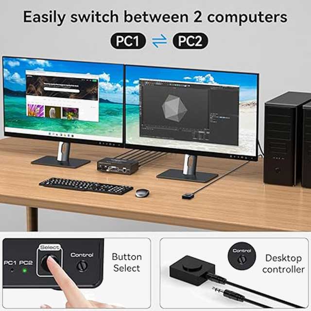 VEDINDUST 2x DisplayPort KVM Switch 2 PCs, 2 Monitors, 4K 120Hz & 8K 60Hz, Aluminium DP 1.4 Dual Monitor Sharing, 4 USB Devices Support (USB-C Does Not Support Video Transfer)
