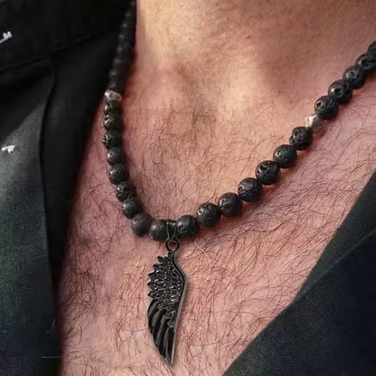 Collier pendentif plume vintage en pierre de lave de 6 mm pour homme (EGN141)