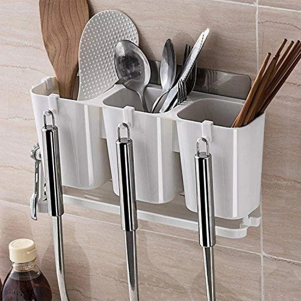 Égouttoir mural de cuisine à 3 compartiments – Organisateur d'évier avec bac de récupération d'eau et crochets pour éponges, couverts et outils de nettoyage