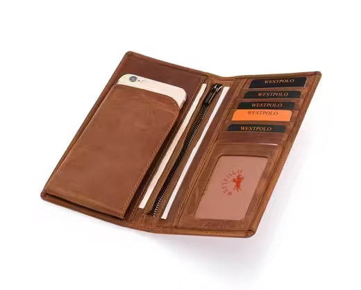 Westpolo Harley Large Card Capacity Unisex Crazy Tumbled Genuine Leather Long Wallet Card Holder with Phone Compartment (2741C)