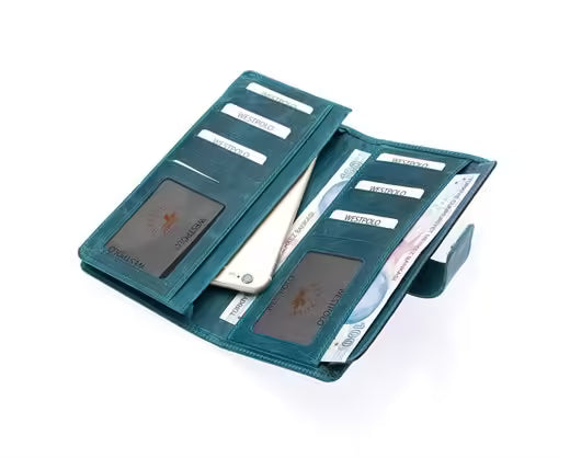 Portefeuille long unisexe Westpolo Lime en cuir véritable grainé avec compartiment pour téléphone (2746C) 