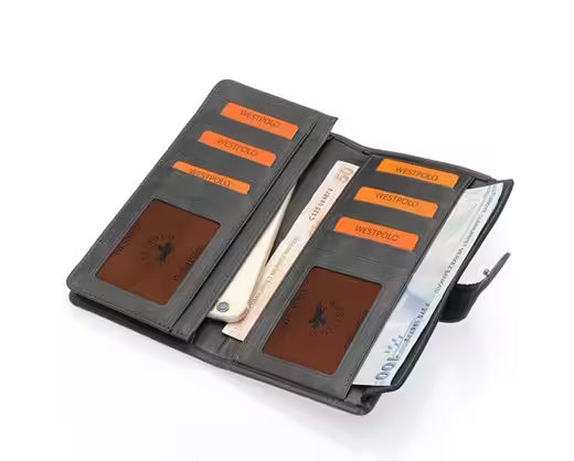 Portefeuille long unisexe Westpolo Lime en cuir véritable grainé avec compartiment pour téléphone (2746C) 